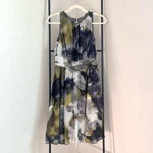 Vintage Y2K Ann Taylor Olive Green Gray Floral Watercolor Sleeveless Midi Dress